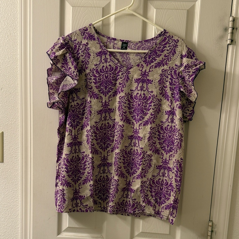 SHEIN Purple and Cream Ruffle Sleeve Blouse and matching pants